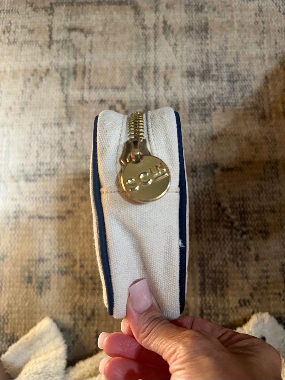 Stoney Clover Cream Canvas Pouch with Navy Trim and Gold Zip